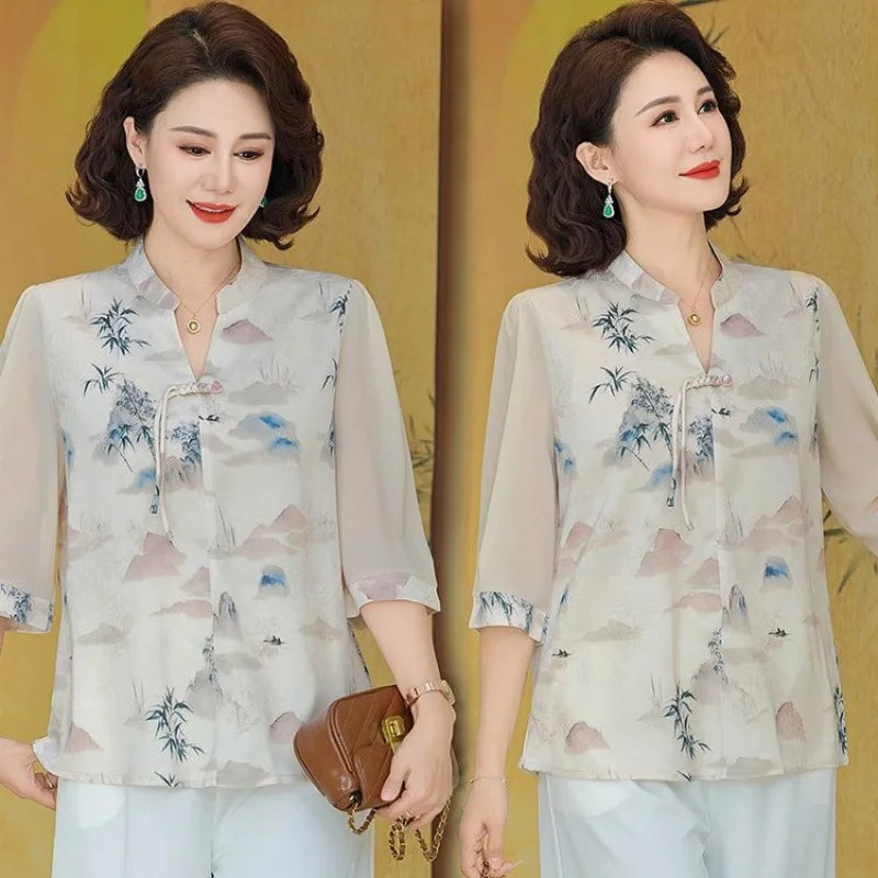 New Chinese Style Floral Print Chiffon Shirt Half Sleeve Women's Middle-Aged Spring Summer Top Mom's Fashionable Small Shirt