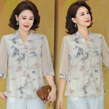 New Chinese Style Floral Print Chiffon Shirt Half Sleeve Women's Middle-Aged Spring Summer Top Mom's Fashionable Small Shirt