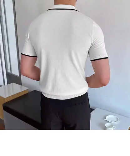 Summer Men's Knit Short Sleeve Polo Shirt Korean Style Slim Fit Solid Color Ice Silk Casual T-shirt Base Layer Top