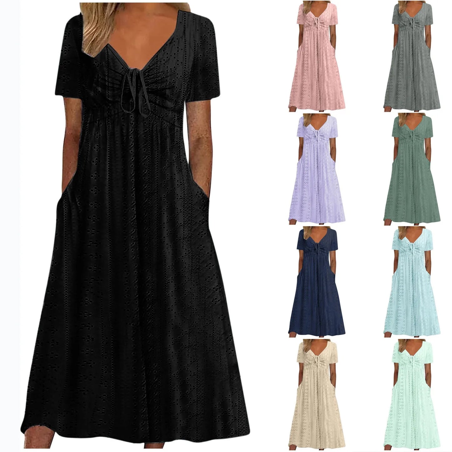 Women's Hollow Out Eyelet Beach Dress Solid Colour V-Neck Tie Short Sleeve Loose Long Dress With Pockets 2025 Boho Summer Dress