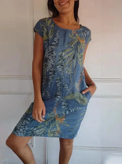 Spring Summer Hot Sale Of The Season Women's Cotton Linen Short Sleeve Printed Pocket round Neck Dress Elegant Style Comforta...
