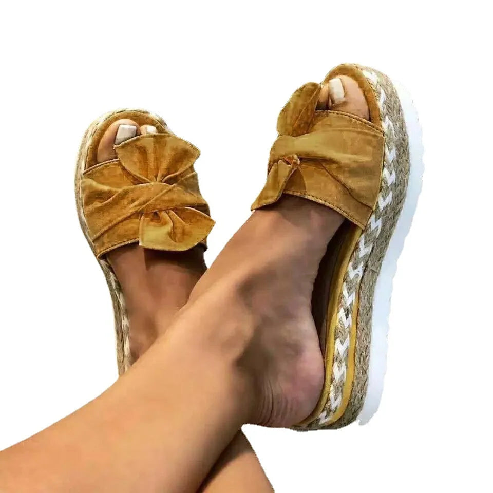Women's Summer 2025 Thick Heel Slippers Butterfly Knot Sandal Rope Large Size Beach Slippers Comfortable round Toe Rubber Sole