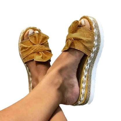 Women's Summer 2025 Thick Heel Slippers Butterfly Knot Sandal Rope Large Size Beach Slippers Comfortable round Toe Rubber Sole