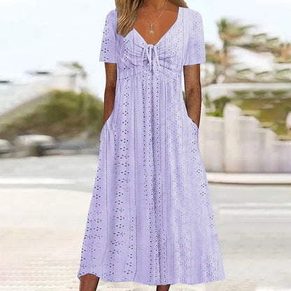 Women's Hollow Out Eyelet Beach Dress Solid Colour V-Neck Tie Short Sleeve Loose Long Dress With Pockets 2025 Boho Summer Dress