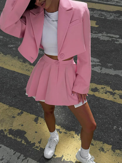 Blubelle Women Stylish Short Blazer Sets Crop Blazer Jackets & Pleated Mini Skirt 2 Pieces Sets Two Piece Sets Womens Outifits