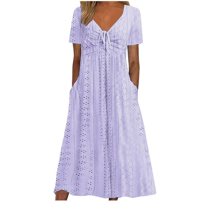 Women's Hollow Out Eyelet Beach Dress Solid Colour V-Neck Tie Short Sleeve Loose Long Dress With Pockets 2025 Boho Summer Dress