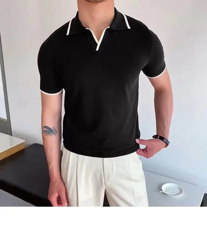 Summer Men's Knit Short Sleeve Polo Shirt Korean Style Slim Fit Solid Color Ice Silk Casual T-shirt Base Layer Top