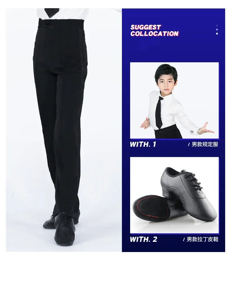 N72 Black Latin Modern Ballroom Tango Salsa Samba Trousers Practice Competition Latin Dance Pants For Men Kids Boys EJ
