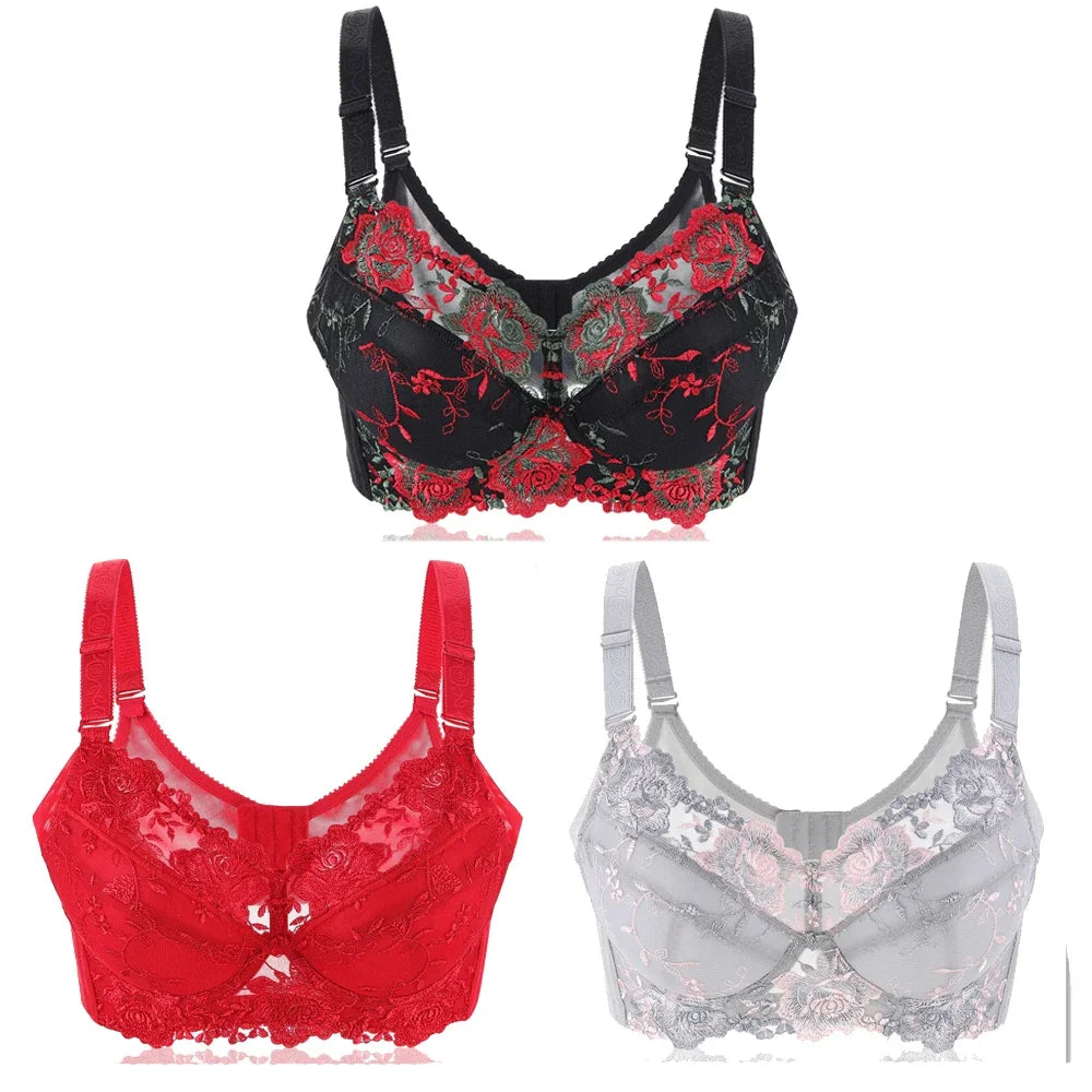 Womens Underwire Push Up Lingerie Minimizer Bra Lightly Lined Floral Lace Embroidery Full Coverage 36 38 40 42 44 B C D E F G H