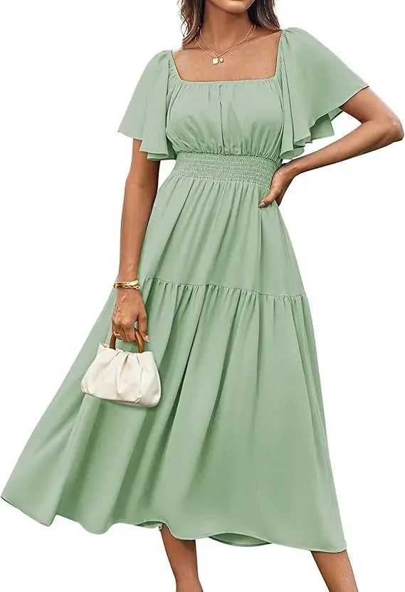 Elegant Summer Long Skirt for Women with Puffy Sleeves Square Collar Gathered Waist Loose Fit Knee-Length Holiday Dress