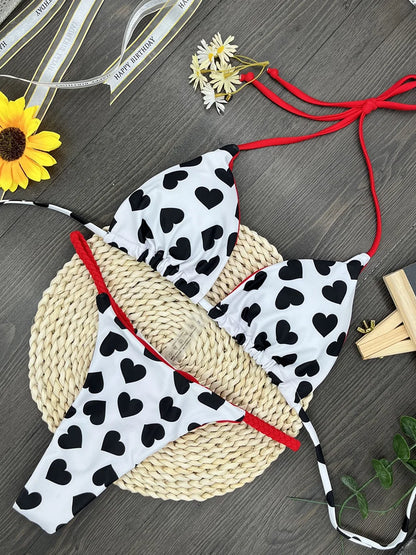 Printed Halter Wrinkled Bikinis Mini Micro Thong Bikini Female Swimsuit Women Swimwear Two-pieces Bikini Set Bathing Suit Swim