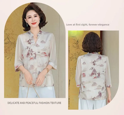 New Chinese Style Floral Print Chiffon Shirt Half Sleeve Women's Middle-Aged Spring Summer Top Mom's Fashionable Small Shirt