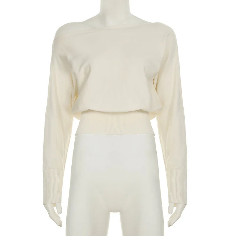 One Shoulder Beige Knitted Sweater Women's Pull Waist One-Shoulder Sweatshirt Jumper Pulls Spring Clothes 2026 Pullover Y2K New