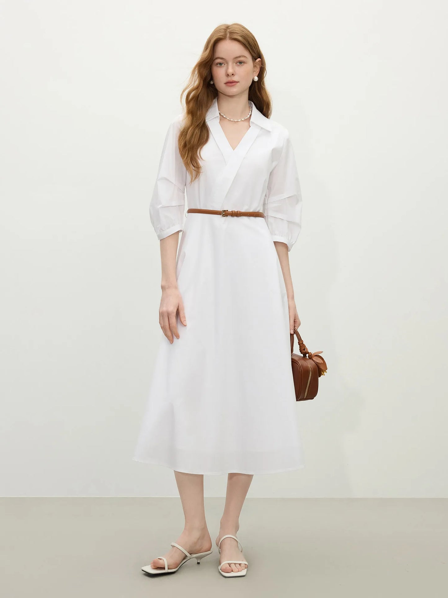 FSLE Autumn Women Wedding Guest Dress Spring Long Sleeves Dress Three-quarter Sleeve Cotton Elegant 2025 Slim Waist  Dress
