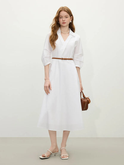 FSLE Autumn Women Wedding Guest Dress Spring Long Sleeves Dress Three-quarter Sleeve Cotton Elegant 2025 Slim Waist  Dress
