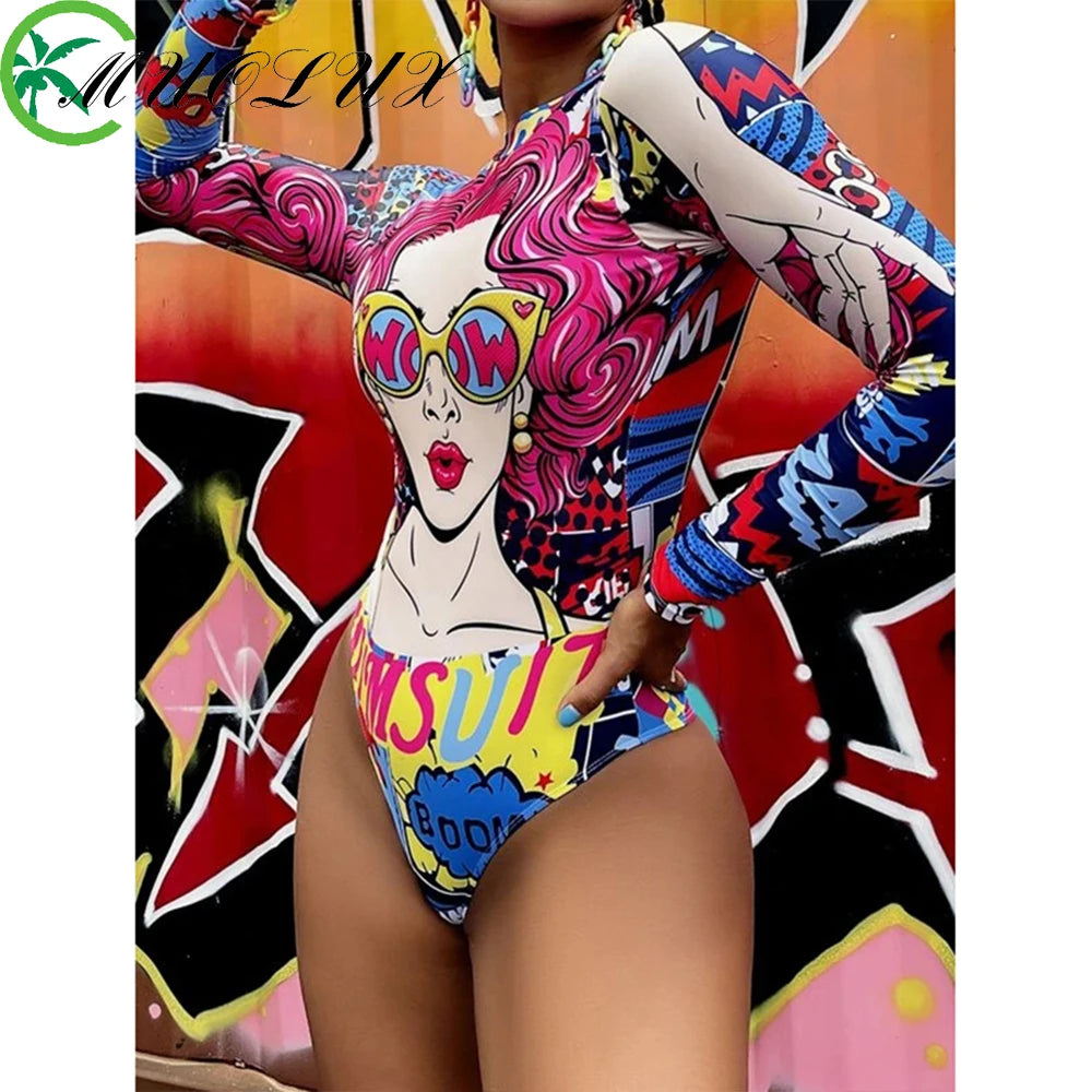 2025 Surfing Women's Swimsuit RashGuard Bikinis Long Sleeve Swimwear Female Print Summer Bathing Suit 2-piece Sports Biquini