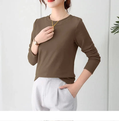 Korean Style Women's round Neck Long Sleeve Base Shirt Early Autumn New Pure Color Threaded Top Trendy T-shirt Slim Fit