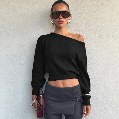 One Shoulder Beige Knitted Sweater Women's Pull Waist One-Shoulder Sweatshirt Jumper Pulls Spring Clothes 2026 Pullover Y2K New