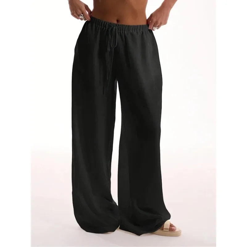 Plus Size 1XL-5XL Women's Fashionable Solid Color Straight Tube Drawstring Elastic Waist Pants Suitable for Commuting