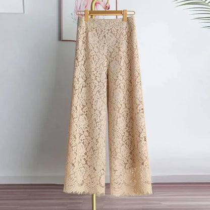 Female High Waist Wide-leg Trousers Summer Ladies Lace Straight-leg Pantalons Korean Women Casual Solid Color Nine Dvide Pants