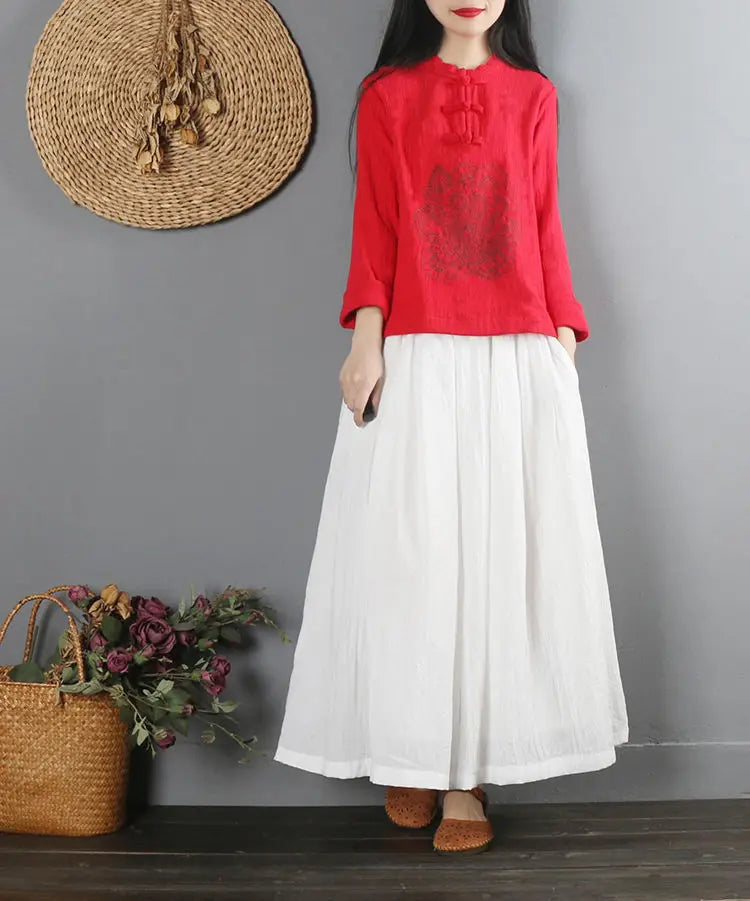 2022 Summer Chinese Style Ethnic Long Sleeve Women Retro Embroidery Blouse Red T-shirt Cotton Oversize Loose Ladies Casual Tops
