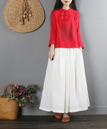 2022 Summer Chinese Style Ethnic Long Sleeve Women Retro Embroidery Blouse Red T-shirt Cotton Oversize Loose Ladies Casual Tops