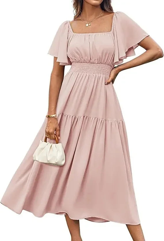 Elegant Summer Long Skirt for Women with Puffy Sleeves Square Collar Gathered Waist Loose Fit Knee-Length Holiday Dress