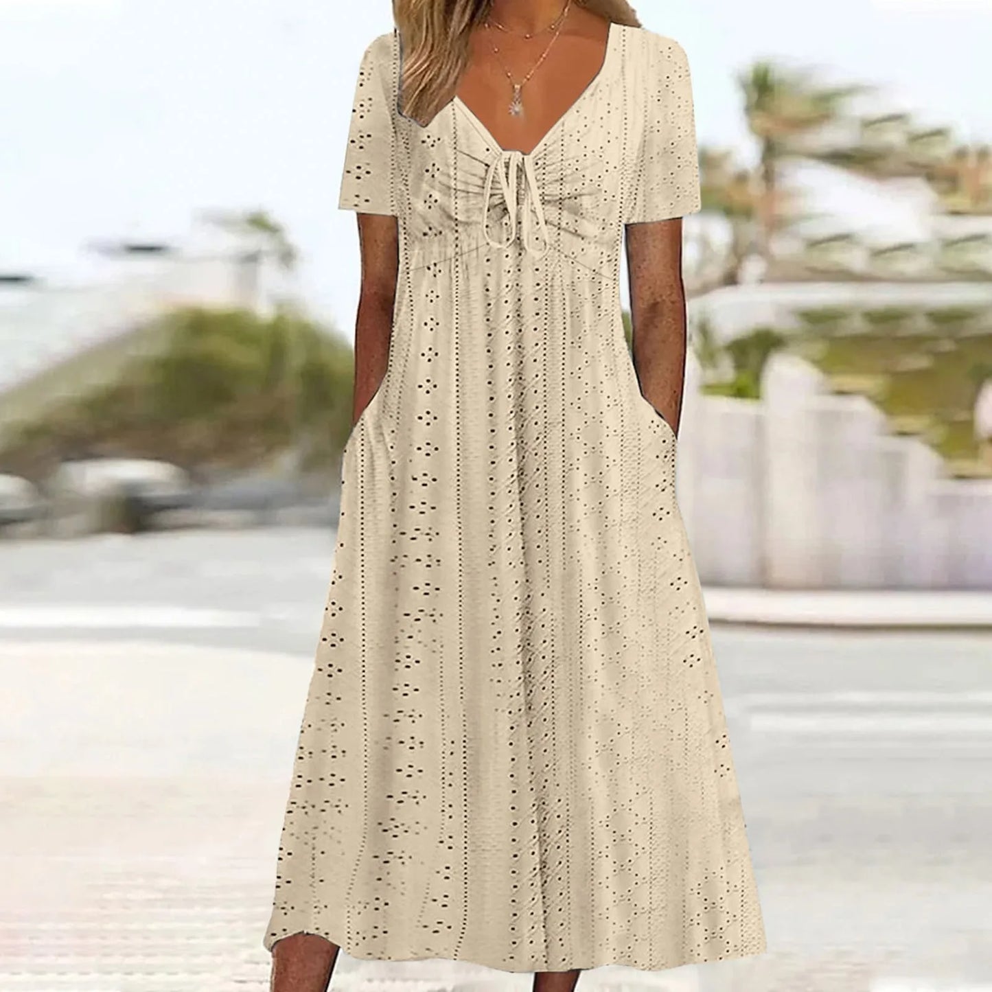 Women's Hollow Out Eyelet Beach Dress Solid Colour V-Neck Tie Short Sleeve Loose Long Dress With Pockets 2025 Boho Summer Dress