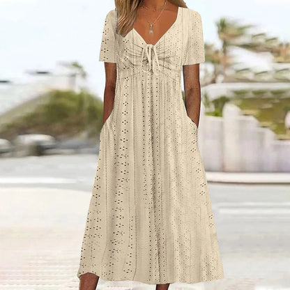 Women's Hollow Out Eyelet Beach Dress Solid Colour V-Neck Tie Short Sleeve Loose Long Dress With Pockets 2025 Boho Summer Dress