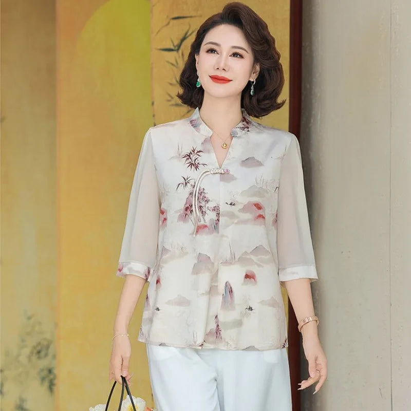 New Chinese Style Floral Print Chiffon Shirt Half Sleeve Women's Middle-Aged Spring Summer Top Mom's Fashionable Small Shirt