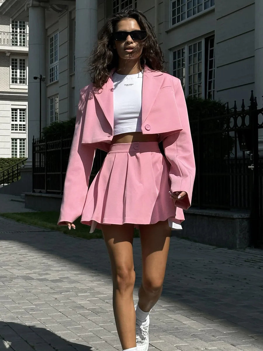 Blubelle Women Stylish Short Blazer Sets Crop Blazer Jackets & Pleated Mini Skirt 2 Pieces Sets Two Piece Sets Womens Outifits