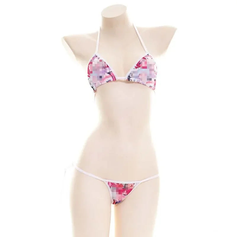 Japanese Sexy Lingerie Lolita Kawaii Mosaic Cartoon Anime Mini Bikini Adult Cosplay Erotic Costumes Bra Women Underwear Set