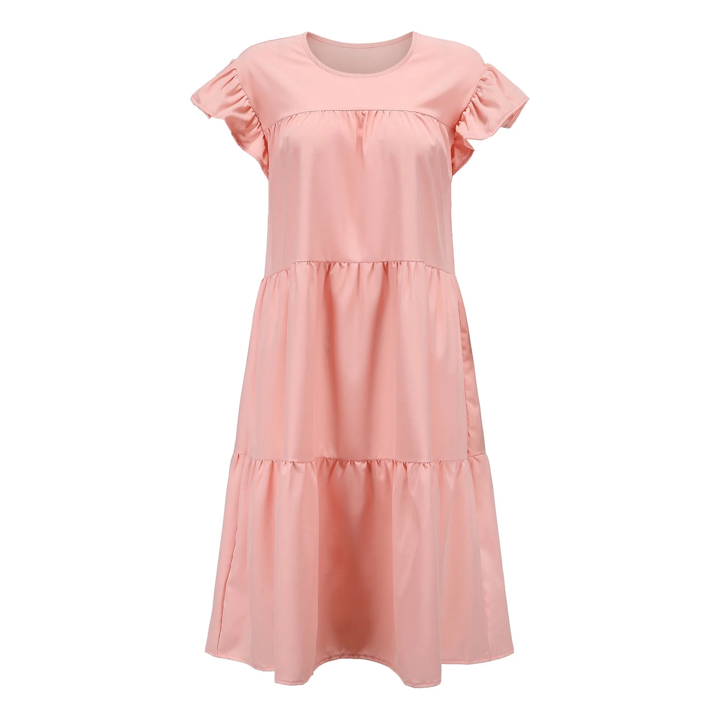 Casual Loose Ruffles Dress Women Fashion O-neck Pure Color Short Sleeve Dresses For Women 2024 Summer White Beach Sumdress
