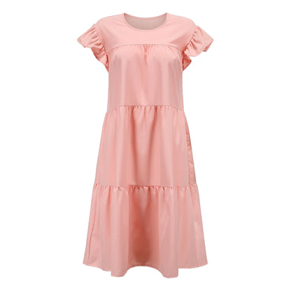 Casual Loose Ruffles Dress Women Fashion O-neck Pure Color Short Sleeve Dresses For Women 2024 Summer White Beach Sumdress