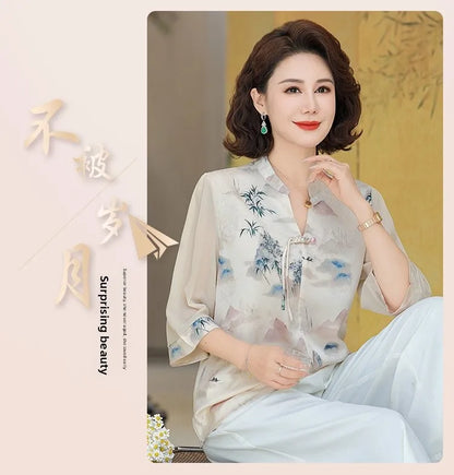 New Chinese Style Floral Print Chiffon Shirt Half Sleeve Women's Middle-Aged Spring Summer Top Mom's Fashionable Small Shirt