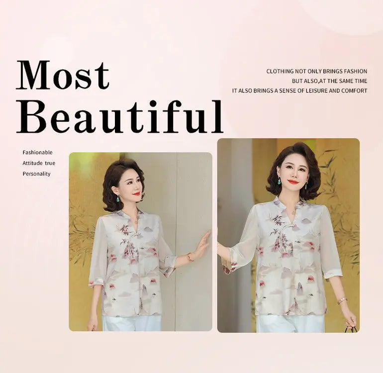 New Chinese Style Floral Print Chiffon Shirt Half Sleeve Women's Middle-Aged Spring Summer Top Mom's Fashionable Small Shirt