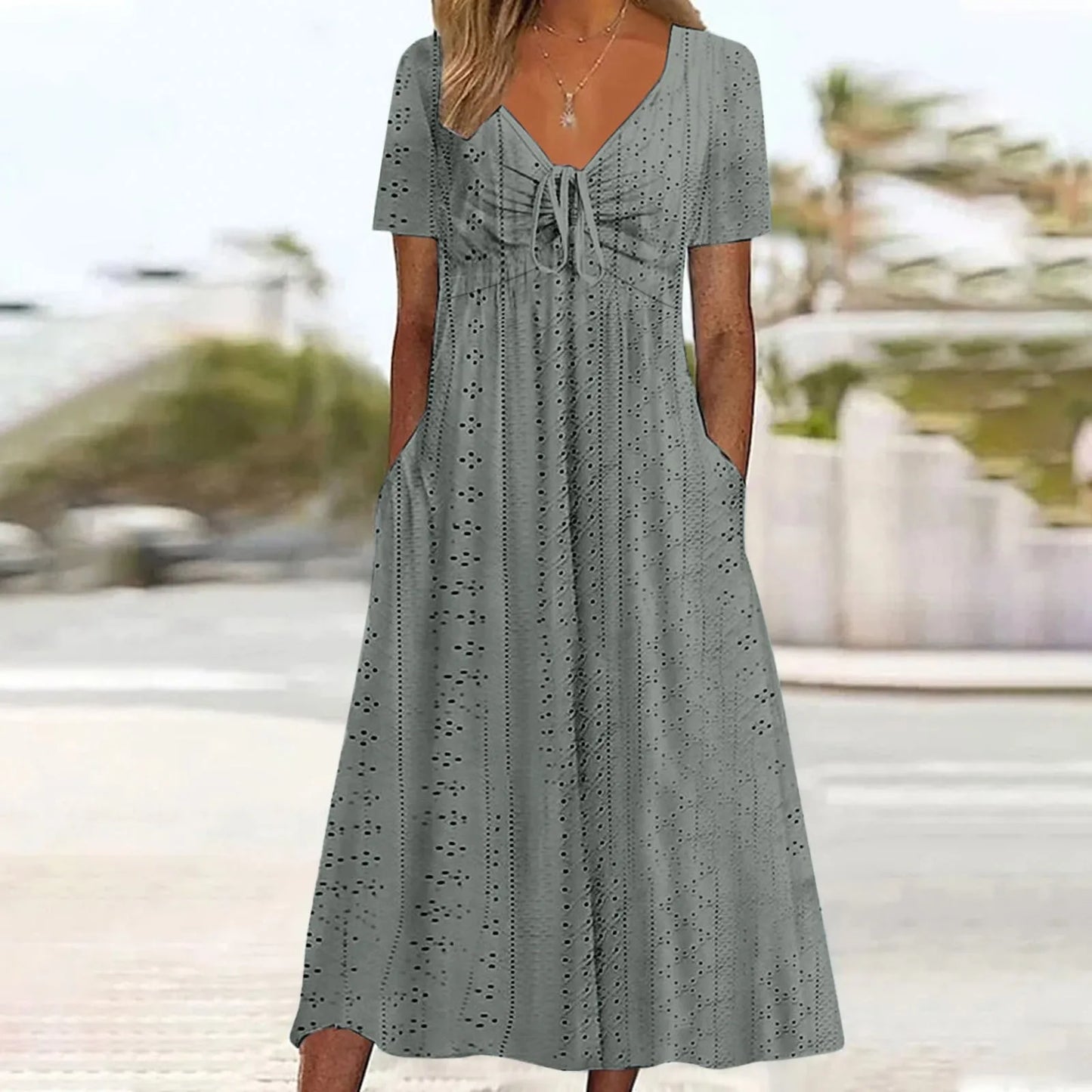 Women's Hollow Out Eyelet Beach Dress Solid Colour V-Neck Tie Short Sleeve Loose Long Dress With Pockets 2025 Boho Summer Dress