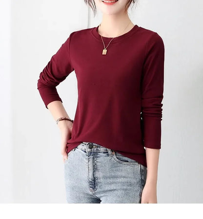 Korean Style Women's round Neck Long Sleeve Base Shirt Early Autumn New Pure Color Threaded Top Trendy T-shirt Slim Fit
