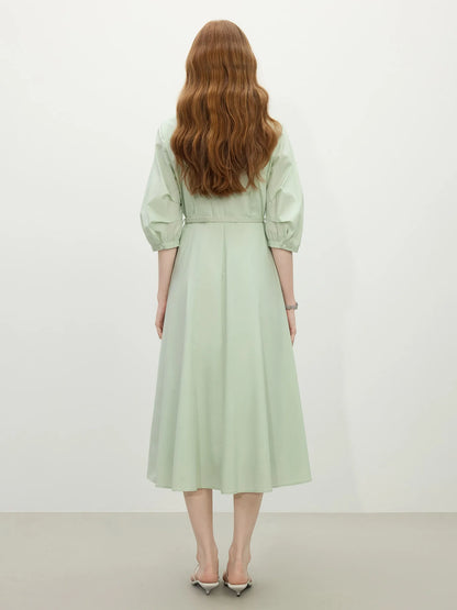 FSLE Autumn Women Wedding Guest Dress Spring Long Sleeves Dress Three-quarter Sleeve Cotton Elegant 2025 Slim Waist  Dress