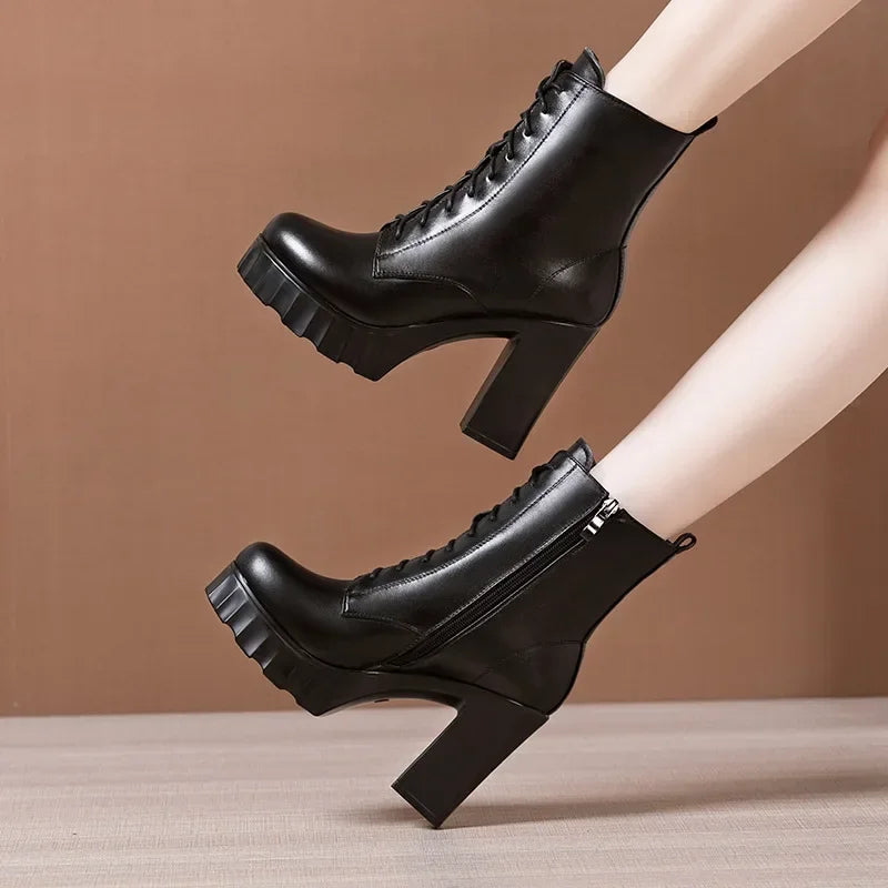 10cm Small Size 32-43 All Match Comfortable Block High Heels Shoes Fall Winter Boots 2025 Thick Platform Shoes Ankle Boots