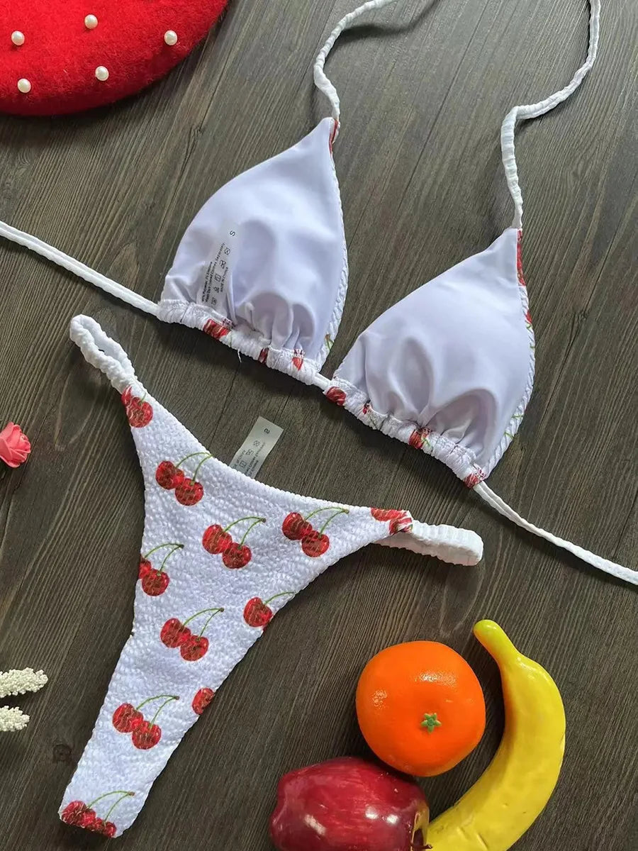 Printed Halter Wrinkled Bikinis Mini Micro Thong Bikini Female Swimsuit Women Swimwear Two-pieces Bikini Set Bathing Suit Swim