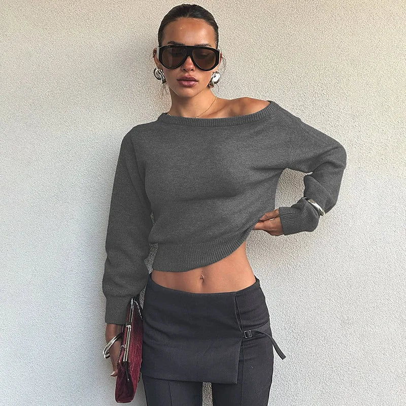 One Shoulder Beige Knitted Sweater Women's Pull Waist One-Shoulder Sweatshirt Jumper Pulls Spring Clothes 2026 Pullover Y2K New