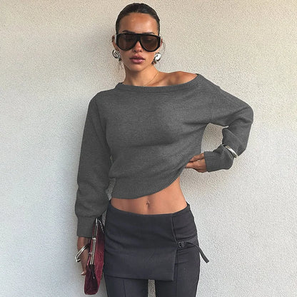 One Shoulder Beige Knitted Sweater Women's Pull Waist One-Shoulder Sweatshirt Jumper Pulls Spring Clothes 2026 Pullover Y2K New