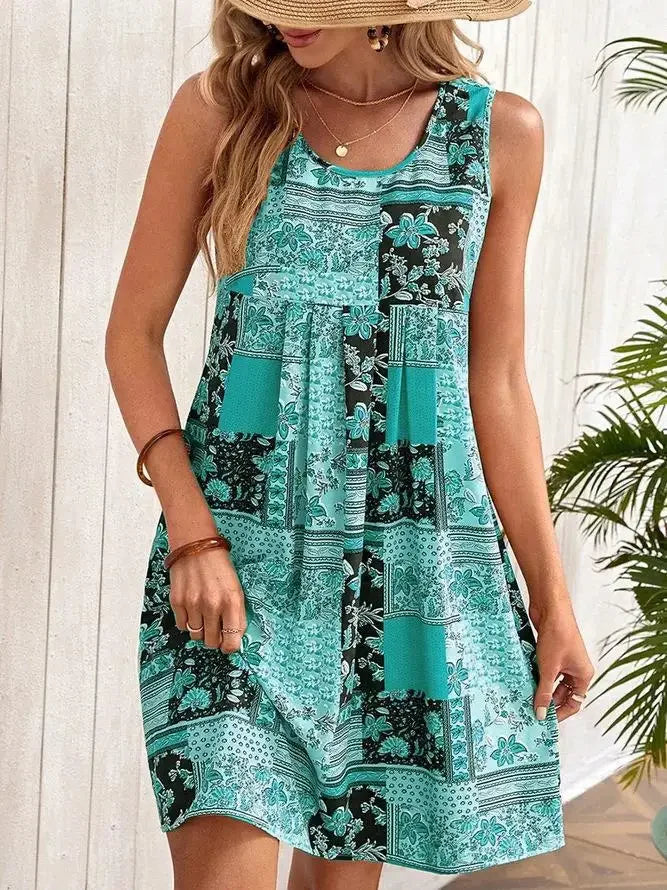 TUME Women's Fashion Print Dress Knee-Length Skirt Sleeveless Regular Waistline Cross-Border Summer New Arrival