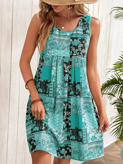 TUME Women's Fashion Print Dress Knee-Length Skirt Sleeveless Regular Waistline Cross-Border Summer New Arrival