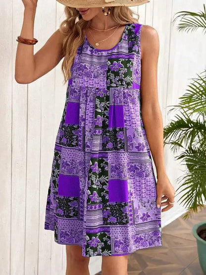 TUME Women's Fashion Print Dress Knee-Length Skirt Sleeveless Regular Waistline Cross-Border Summer New Arrival