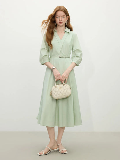 FSLE Autumn Women Wedding Guest Dress Spring Long Sleeves Dress Three-quarter Sleeve Cotton Elegant 2025 Slim Waist  Dress