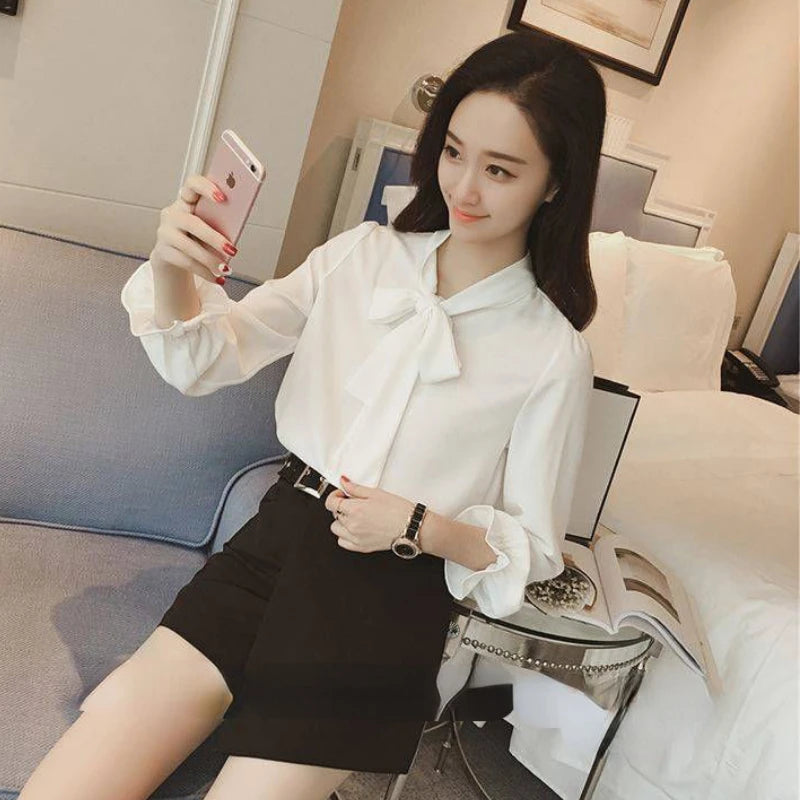 Hot Sale Blouse Women Elegant Fashion Bow Autumn Long Sleeve French Style Casual Vintage Female Feminine Daily Solid Breathable