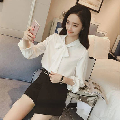 Hot Sale Blouse Women Elegant Fashion Bow Autumn Long Sleeve French Style Casual Vintage Female Feminine Daily Solid Breathable
