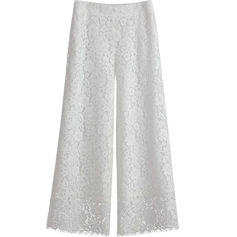 Female High Waist Wide-leg Trousers Summer Ladies Lace Straight-leg Pantalons Korean Women Casual Solid Color Nine Dvide Pants